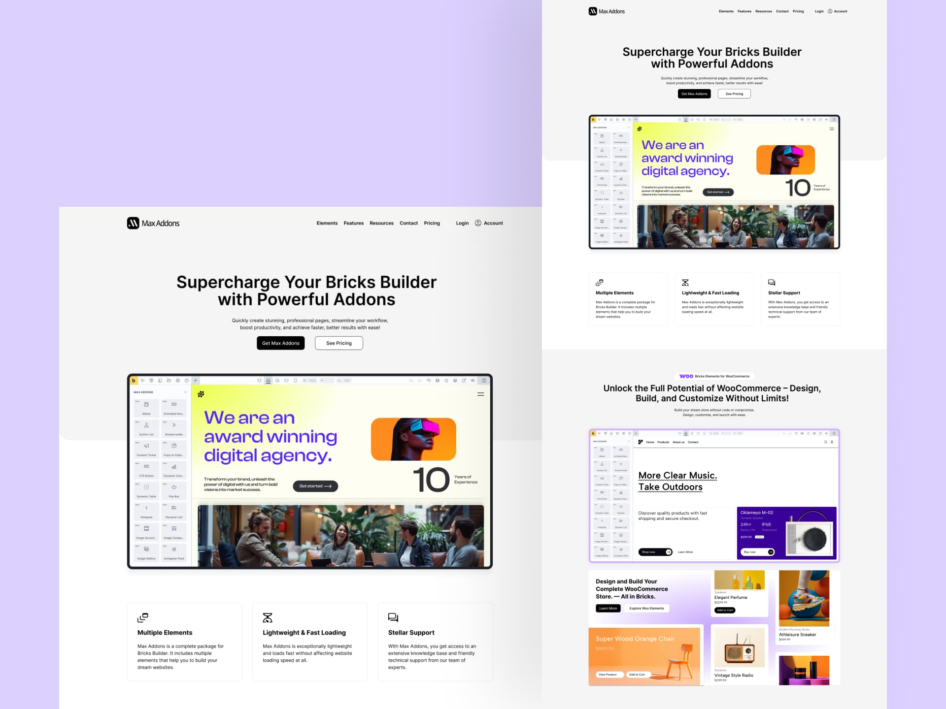 Max Addons for Bricks marketing website and responsive UI design